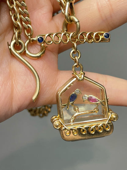 Vintage UTI 18K Gold French Ruby Sapphire Bird Cage Pocket Watch Pendant