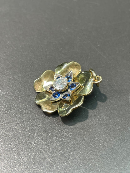 Vintage 18K Yellow Gold 0.45 CTW Diamond Sapphire Flower Charm Pendant