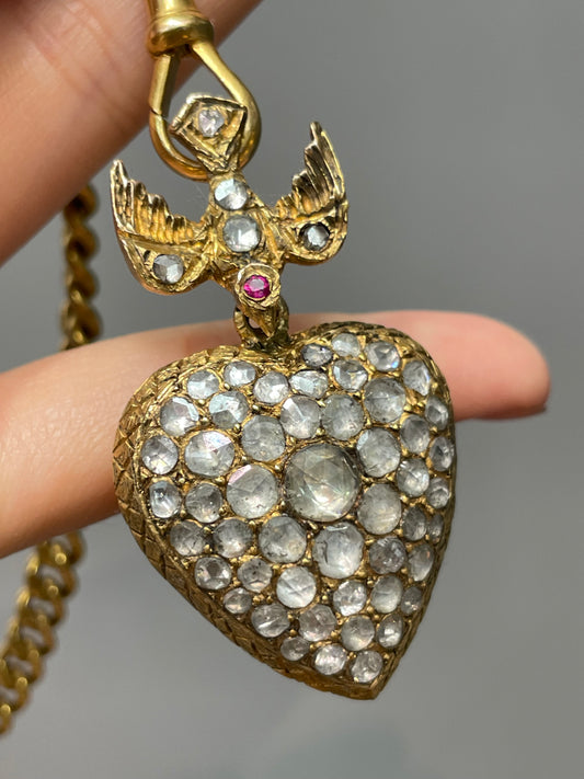 Antique 14K Yellow Gold 4.0 CTW Rose Cut Diamond St. Esprit Heart Pendant