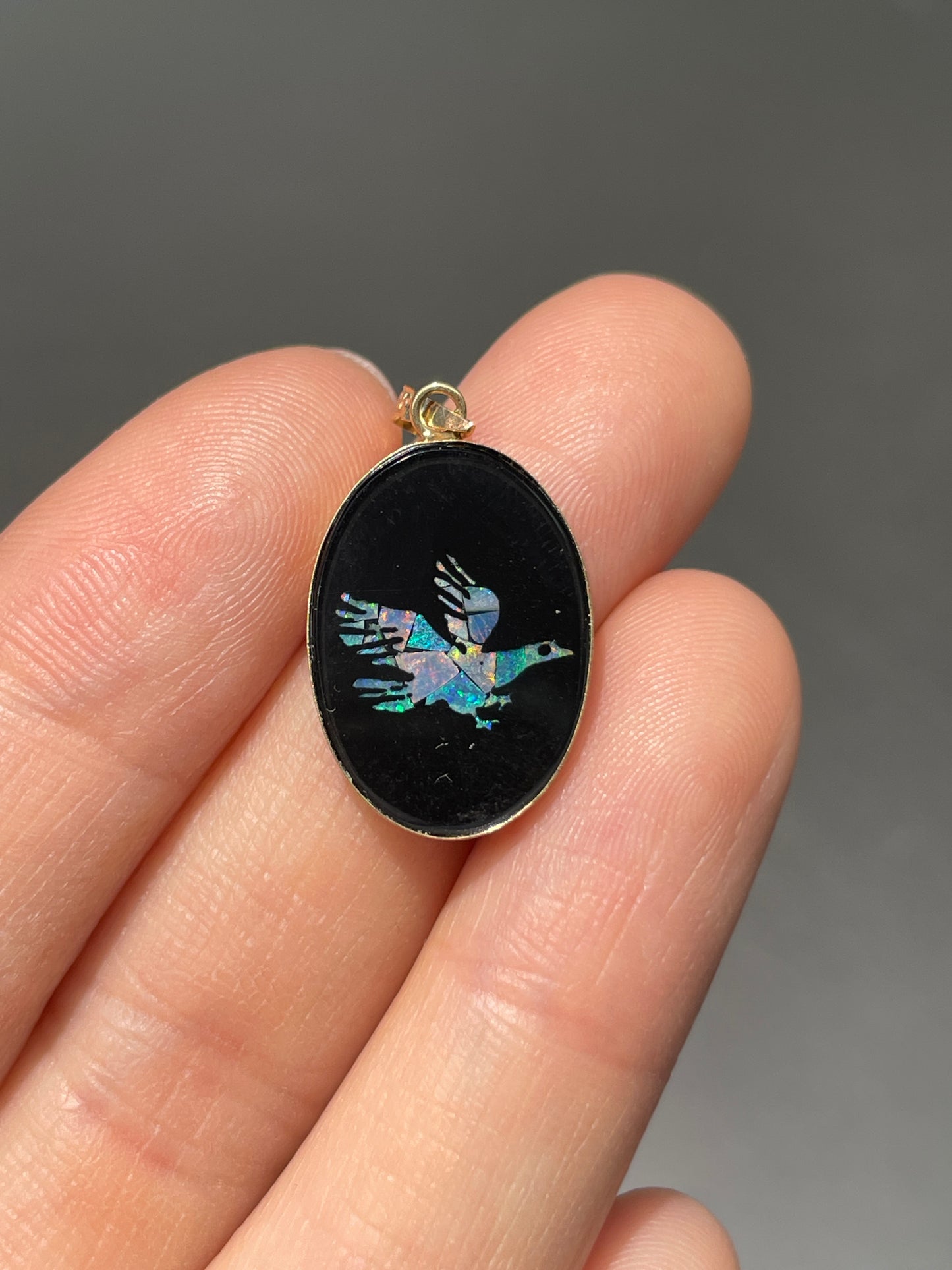 Vintage 14K Gold Onyx Opal Bird Inlay Pendant