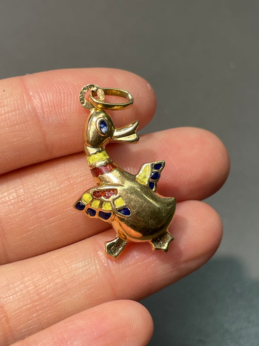 Vintage 18K Yellow Gold Enamel Duck Charm Pendant