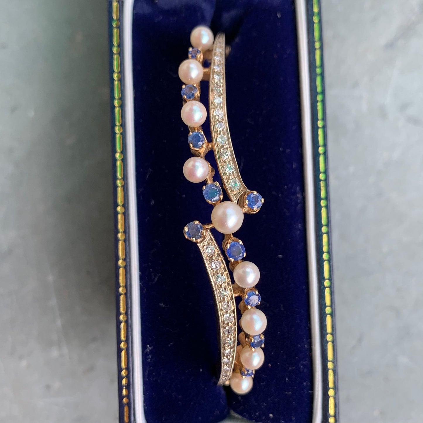 Antique 14K Gold Natural Sapphire Pearl Diamond Bangle