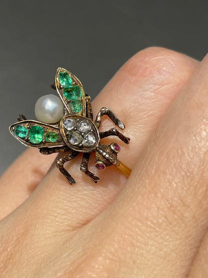 Antique 14K Yellow Gold Emerald Ruby Diamond Bug Ring