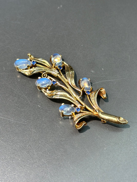 Retro 14K Gold Moonstone and Sapphire Flower Bouquet