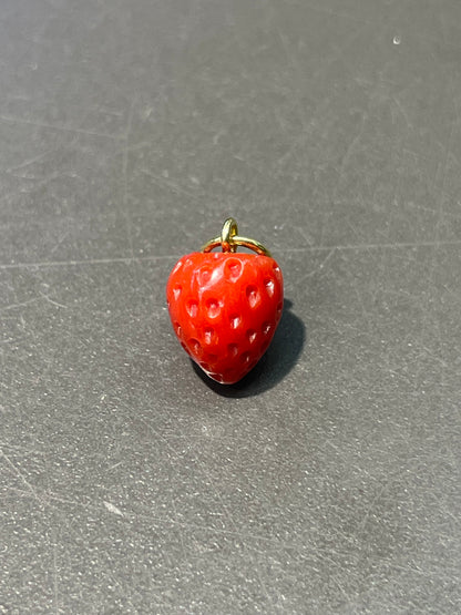 18K Gold Small Coral Carved Strawberry Charm
