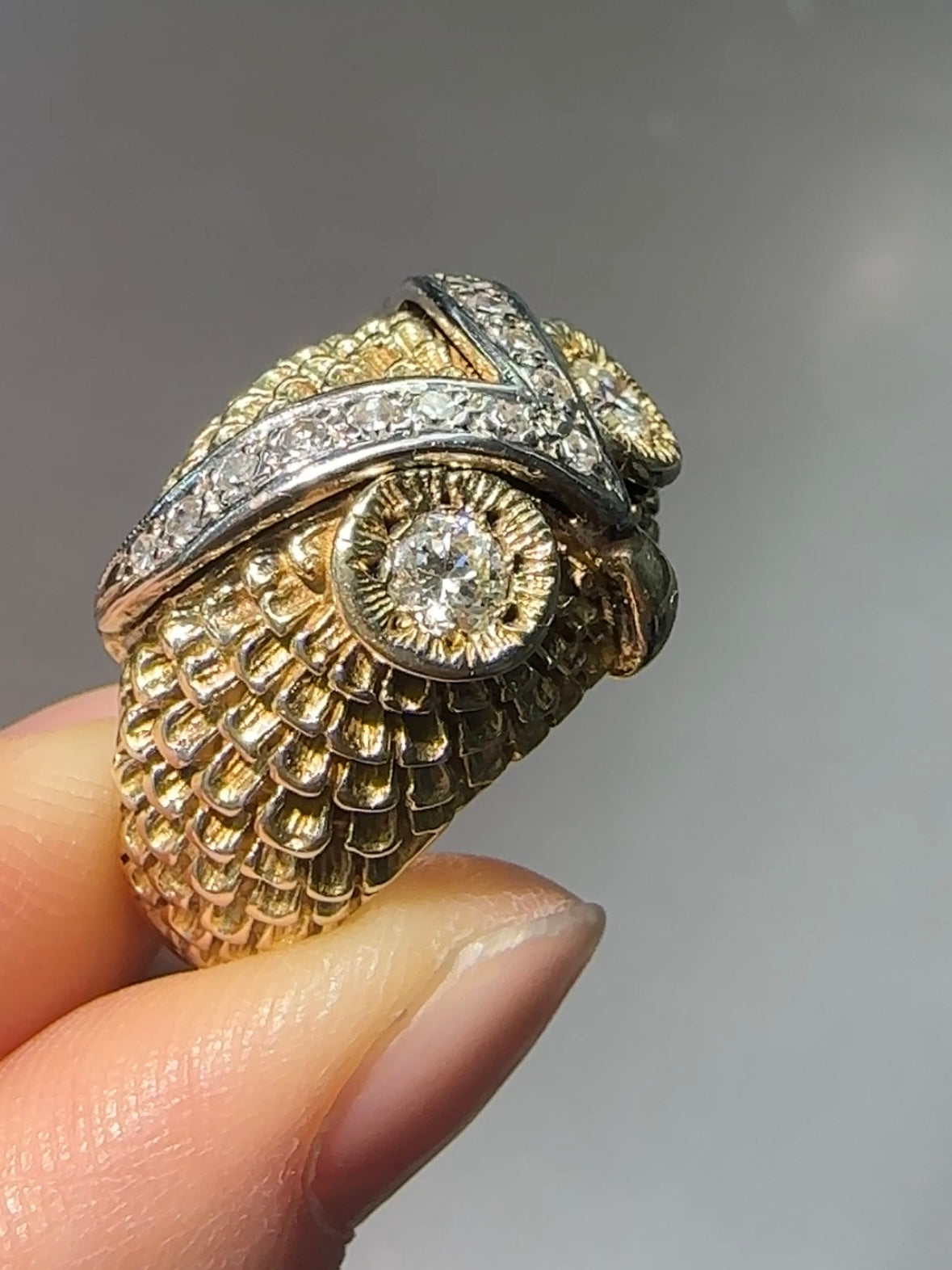 复古 14K 黄金 0.65 CTW 钻石猫头鹰戒指