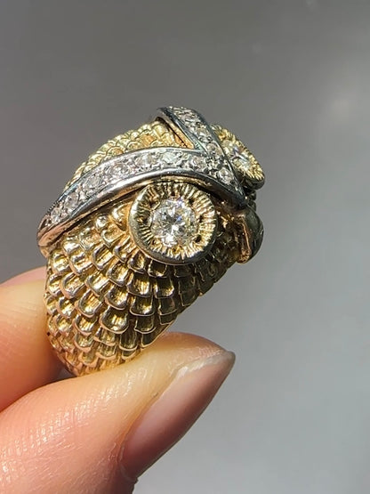 复古 14K 黄金 0.65 CTW 钻石猫头鹰戒指