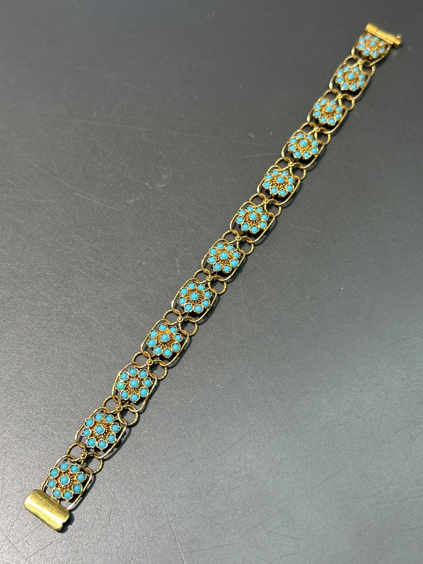 Antique 18K Gold Turquoise Flower Cluster Chain Bracelet