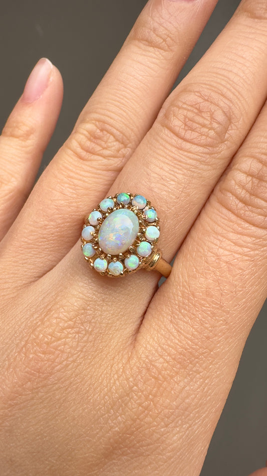 Vintage 10K Gold Opal Halo Cluster Ring