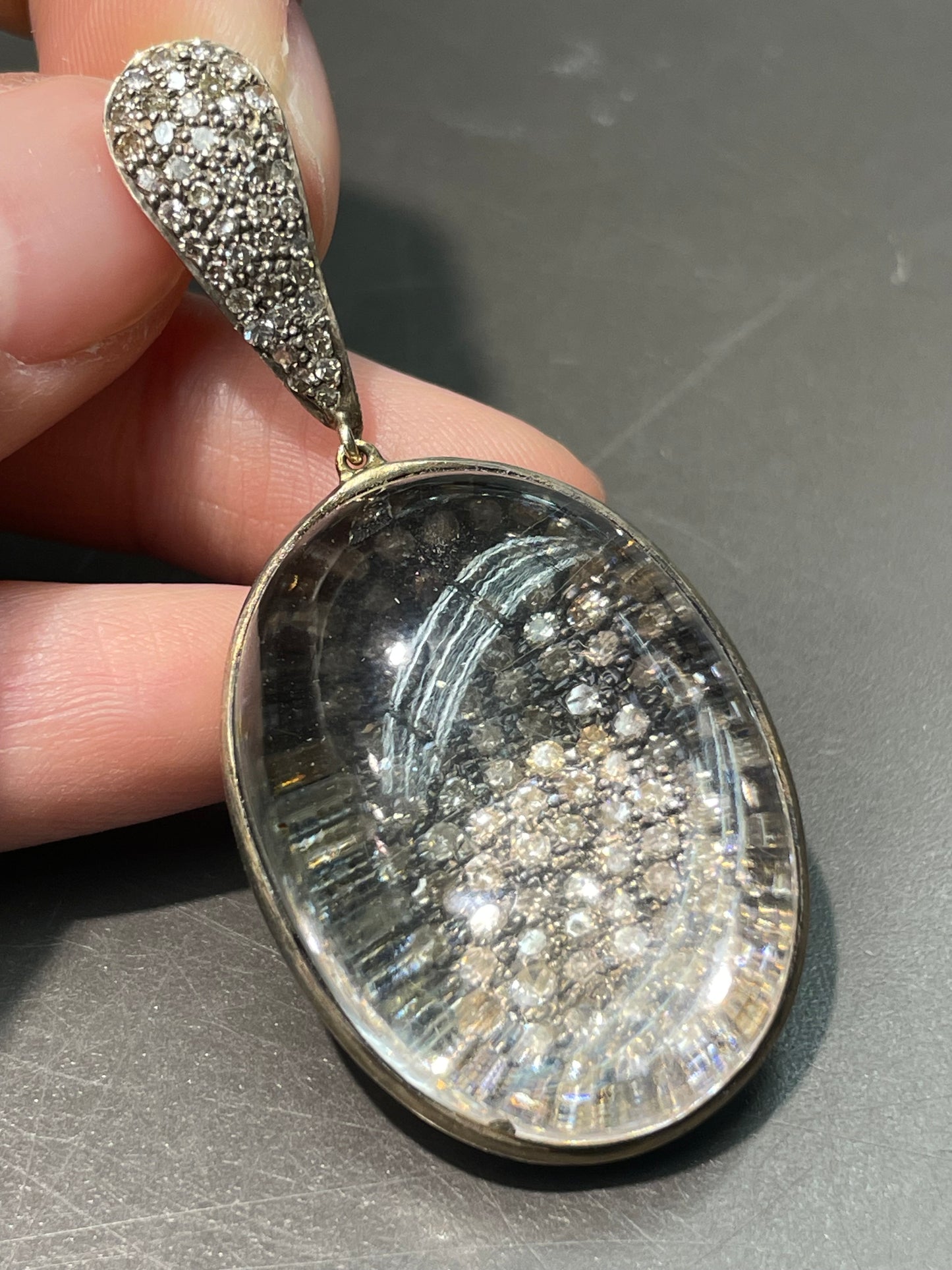 Vintage 14K Gold Silver 3.0ctw Diamond Rock Crystal Orb Pendant