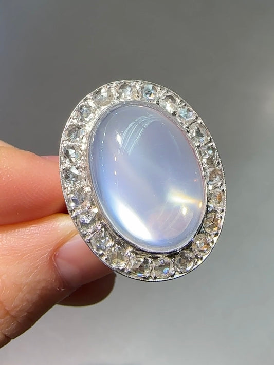 Edwardian 14K White Gold 13.2 CTW Ceylon Moonstone Rose Cut Diamond Halo Ring