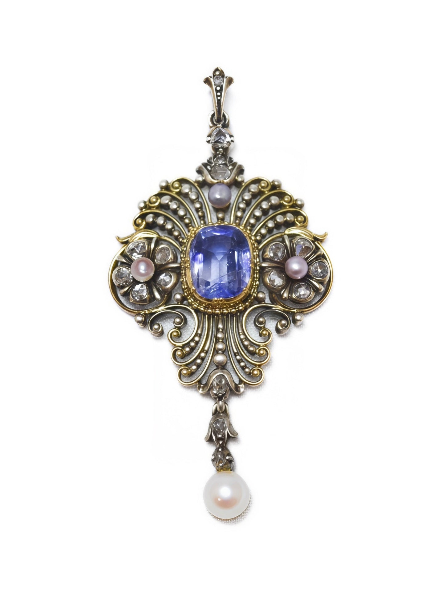 Antique 14K Gold Topped Silver 3.64 CTW GIA No Heat Ceylon Sapphire Diamond Pearl Motif Pendant