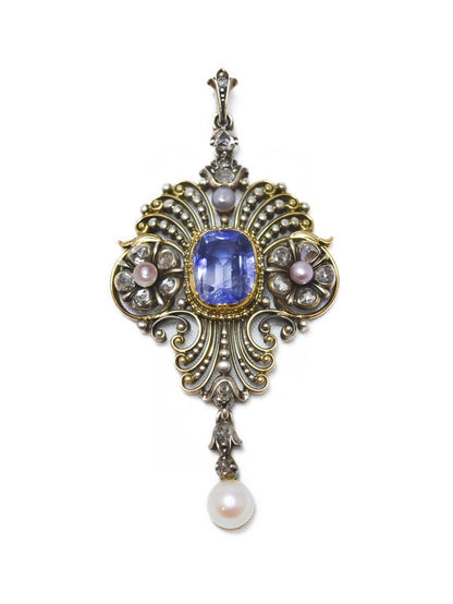 Antique 14K Gold Topped Silver 3.64 CTW GIA No Heat Ceylon Sapphire Diamond Pearl Motif Pendant