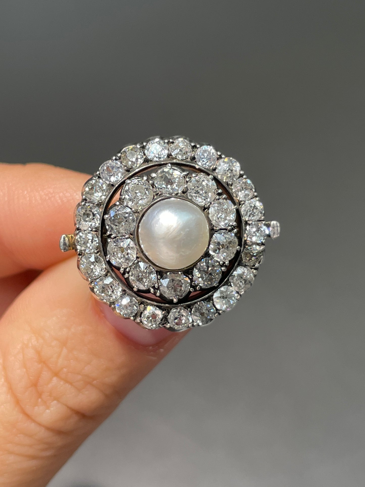 Edwardian Silver Topped 14K Gold Natural Saltwater Pearl Diamond Halo Brooch