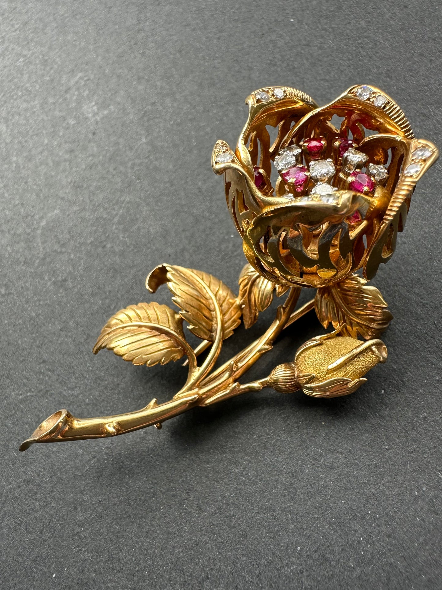 French 18K Gold Ruby Diamond En Tremblant Flower Brooch