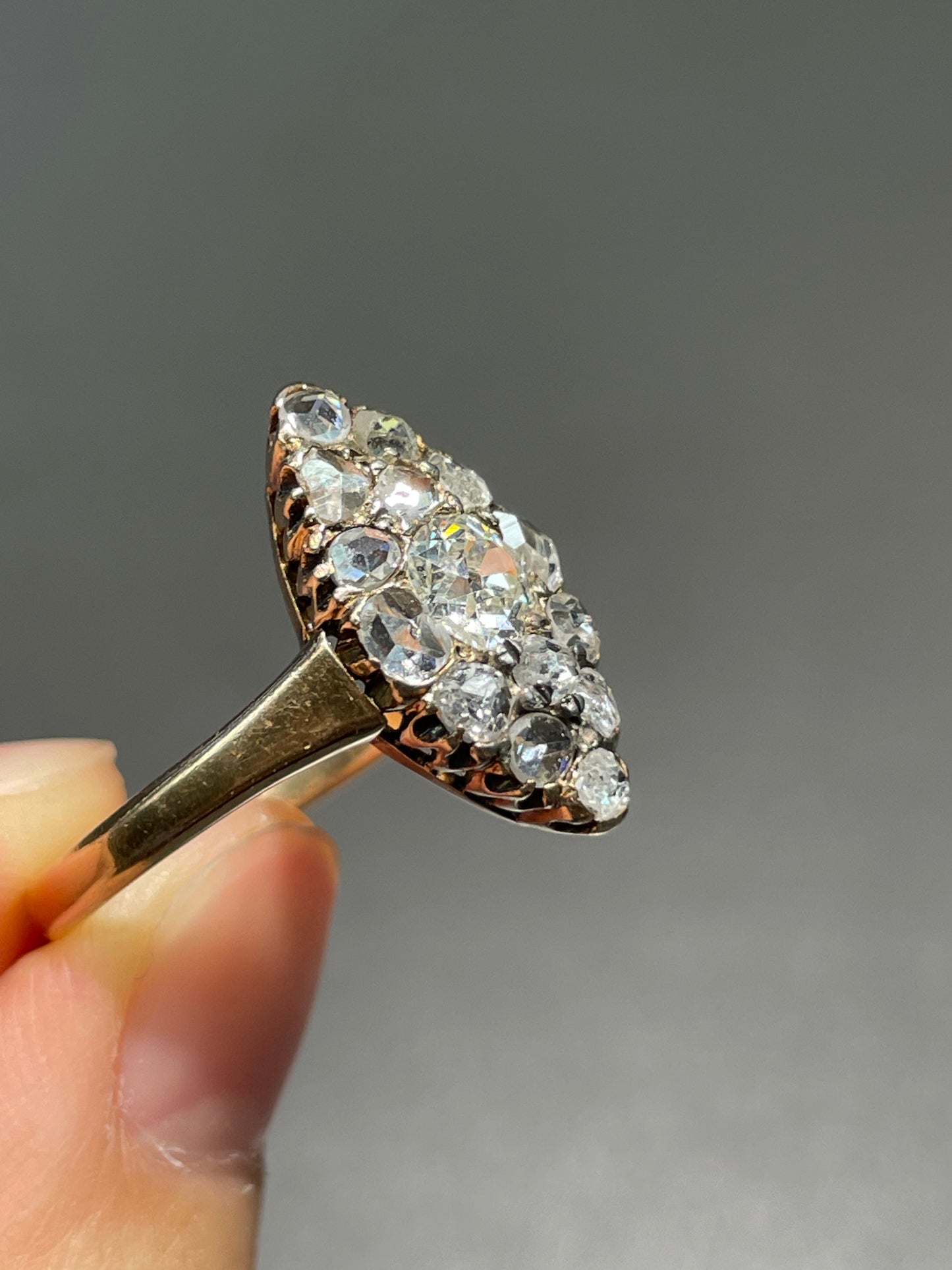 Antique Edwardian 14K Yellow Gold 1.45 CTW Diamond Navette Cluster Ring