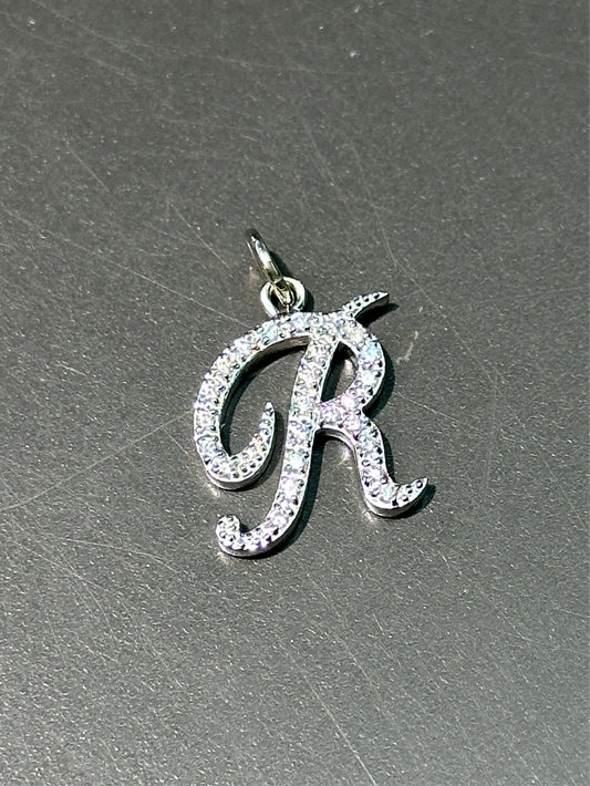 14K 白金钻石 R 字母吊饰