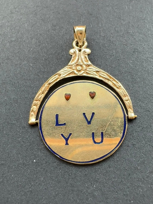 Grand pendentif spinner vintage en or 14 carats « I LOVE YOU »