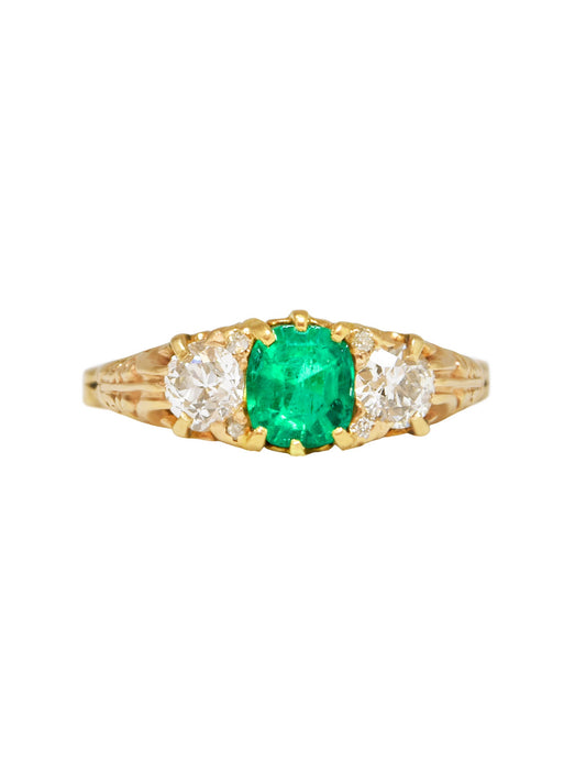 Antique 14K Gold 1.15 CTW Colombian Emerald Diamond Three Stone Ring GIA