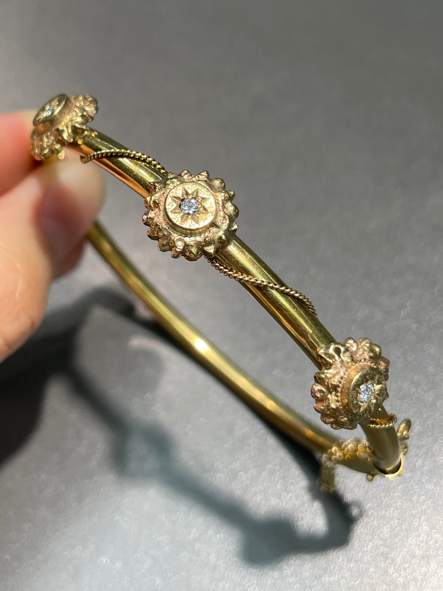Vintage 14K Gold Diamond Starburst Bangle Bracelet