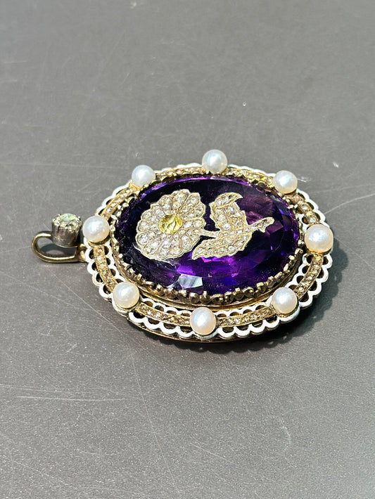 Victorian 14K Amethyst and Rose Cut Flower Engraved Pendant