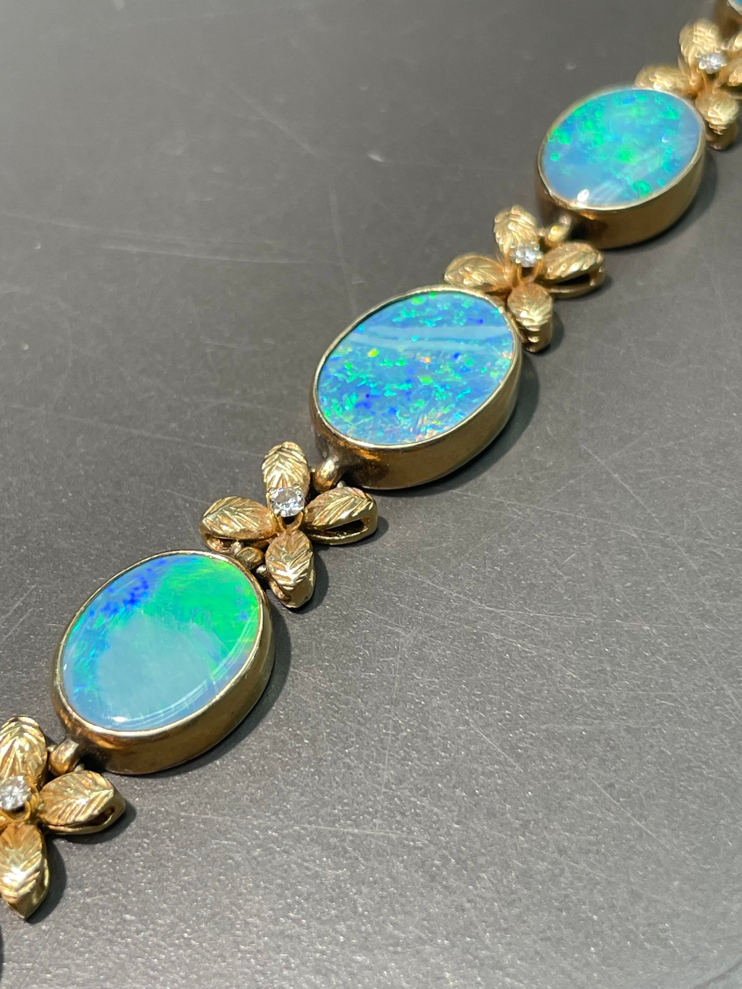 Vintage 14K Yellow Gold Black Opal Diamond Bracelet