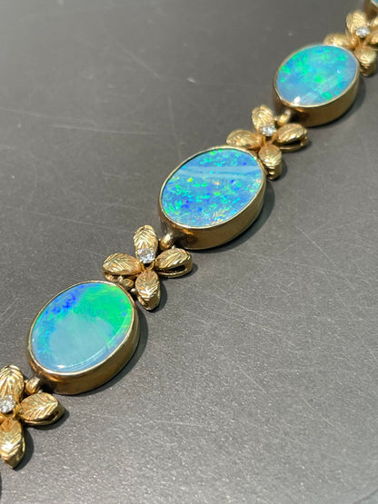 Vintage 14K Yellow Gold Black Opal Diamond Bracelet