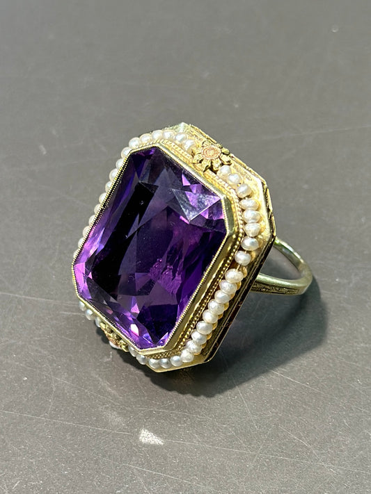 Bague en forme d'hexagone Art déco en or 14 carats avec perle de graine d'améthyste