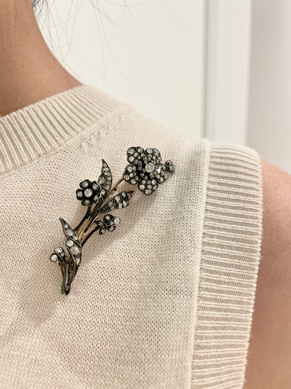 Antique 14K Topped Silver 3.34 CTW Diamond Flower Tremblant Brooch