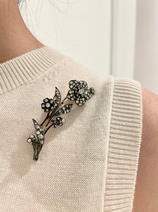 Antique 14K Topped Silver 3.34 CTW Diamond Flower Tremblant Brooch