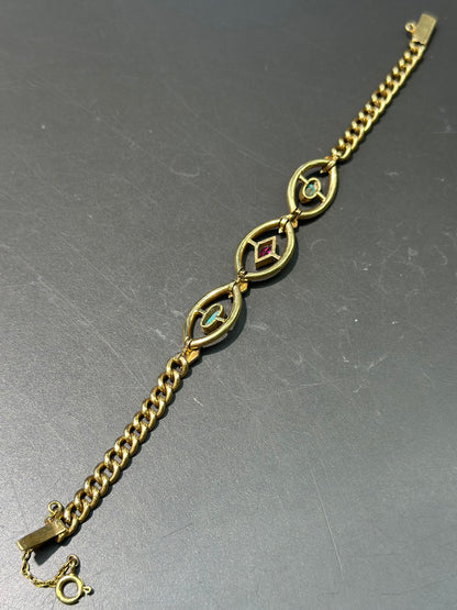 爱德华时代 18K 金红宝石蓝宝石绿松石珍珠链环手链