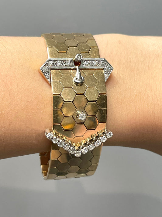 Retro 18K Yellow Gold 1.07 CTW Diamond Buckle Belt Bracelet