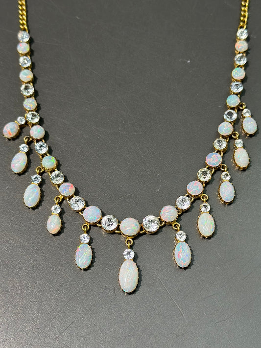 Victorian 15K Gold Opal Sapphire Fringe Necklace