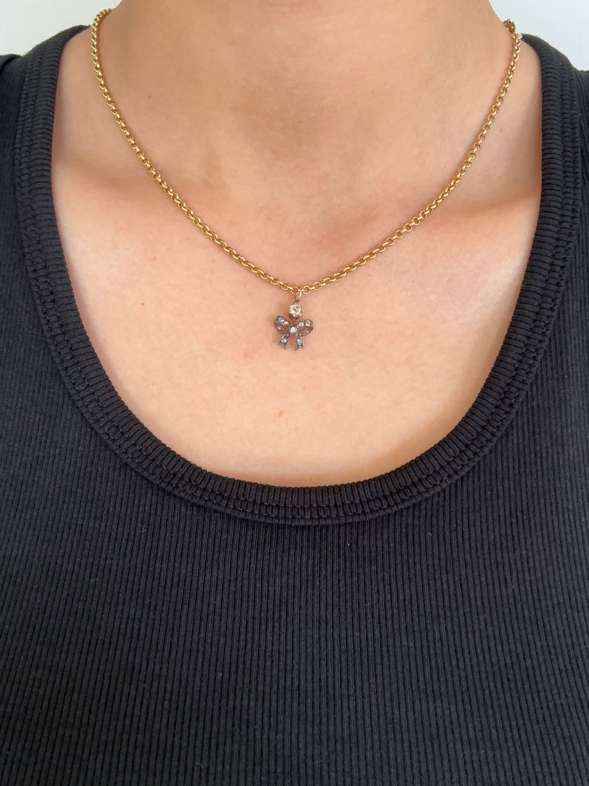 Antique Silver Topped 14K Yellow Gold 0.17 CTW Diamond Ribbon Bow Charm
