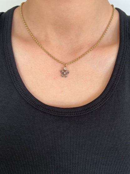 Antique Silver Topped 14K Yellow Gold 0.17 CTW Diamond Ribbon Bow Charm