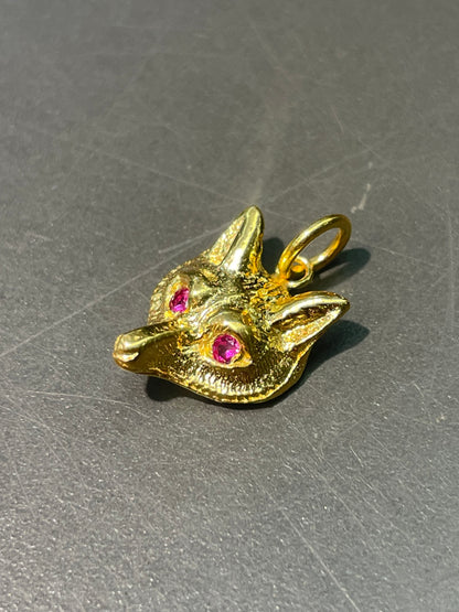 古董 14K 黄金红宝石狐狸吊饰