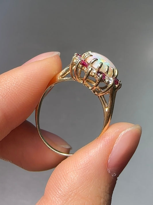 14K Yellow Gold Opal Ruby Diamond Halo Ring