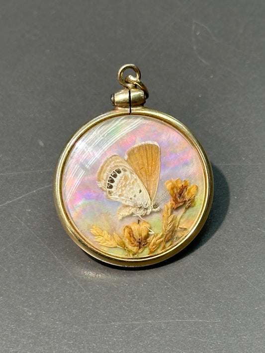 Antique 14K Gold Double Sided Butterfly Mother Pearl Pendant