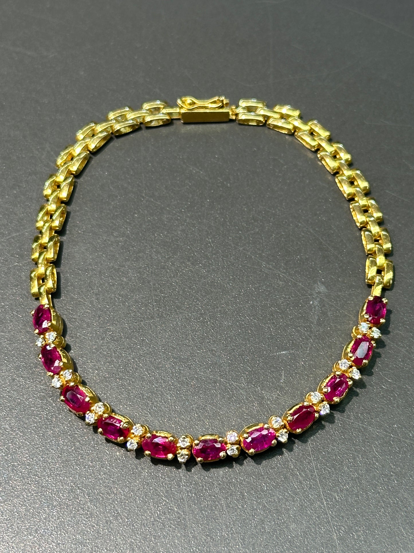 复古 18K 金天然红宝石钻石链式手链