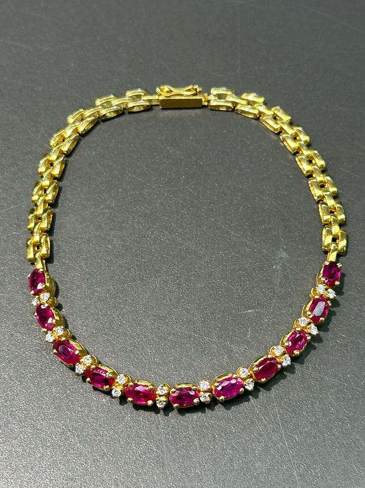 复古 18K 金天然红宝石钻石链式手链