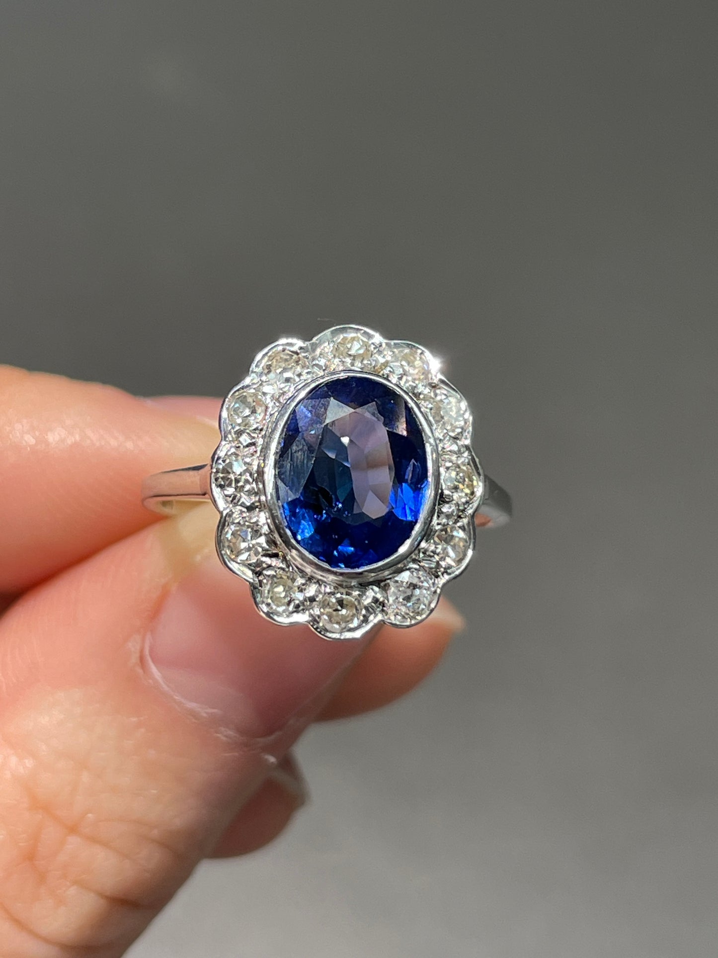 Edwardian Platinum 1.73 CTW Heated Ceylon Sapphire Diamond Halo Ring