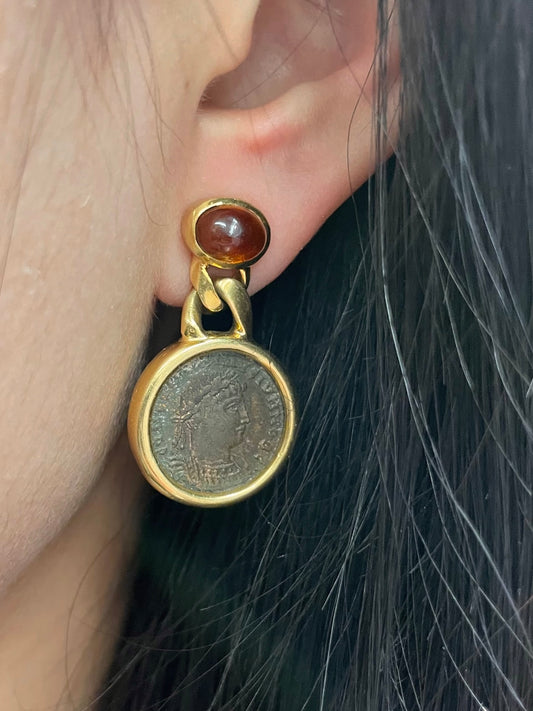 复古 18K 金古币黄水晶耳坠