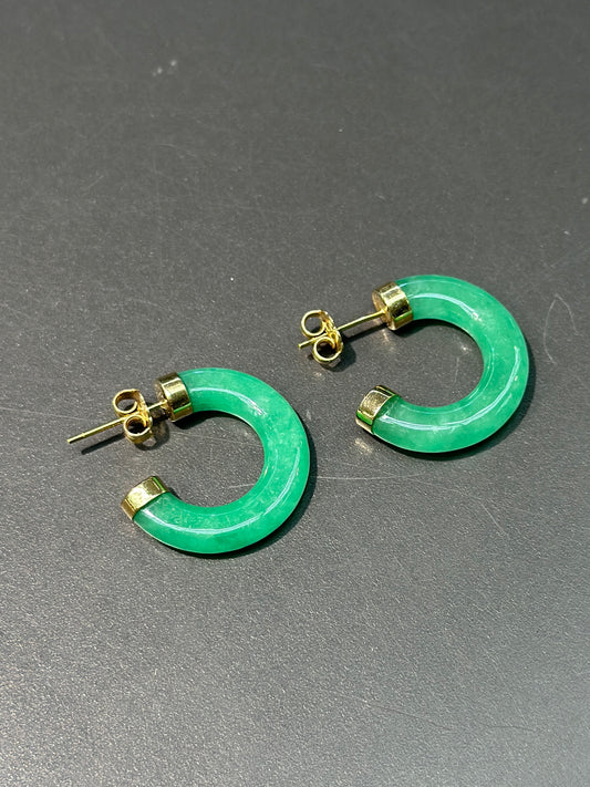 14K Yellow Gold Natural Green Jade Hoop Earrings