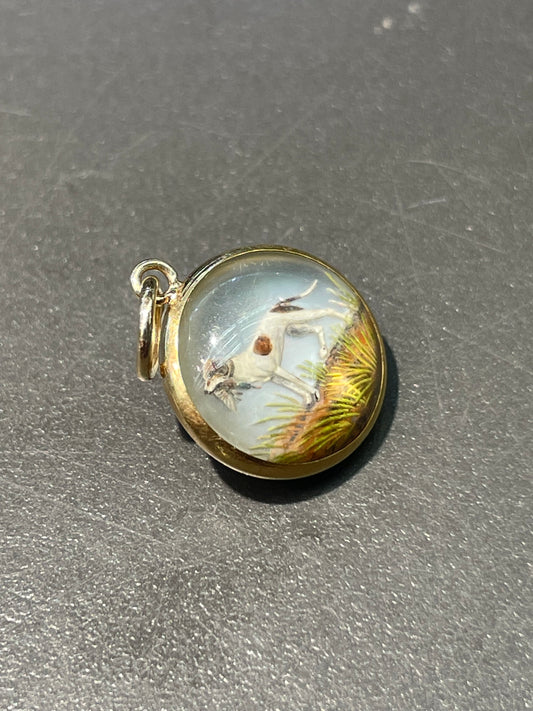 古董 14K 金反向彩绘埃塞克斯水晶“杰克罗素梗犬”吊坠饰品