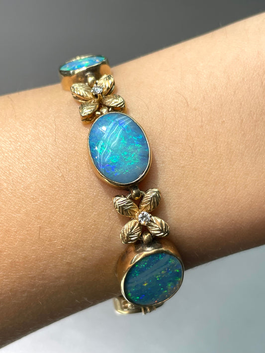 Vintage 14K Yellow Gold Black Opal Diamond Bracelet