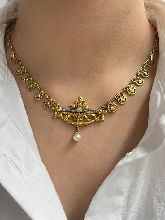 Antique French 18K Yellow Gold Diamond Pearl Filigree Collier Necklace