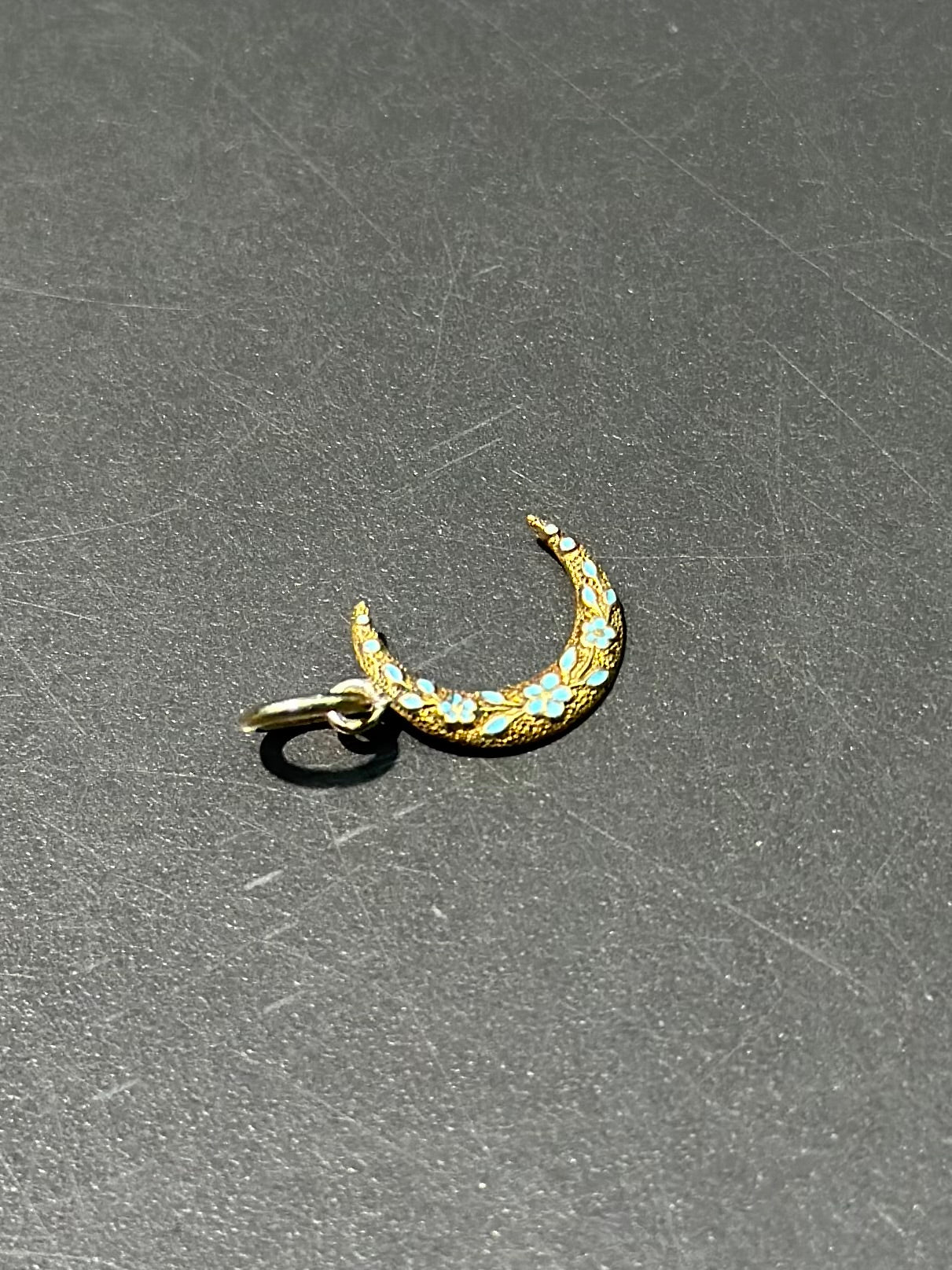 Antique 14K Gold Mini Forget Me Not Enamel Crescent Charm