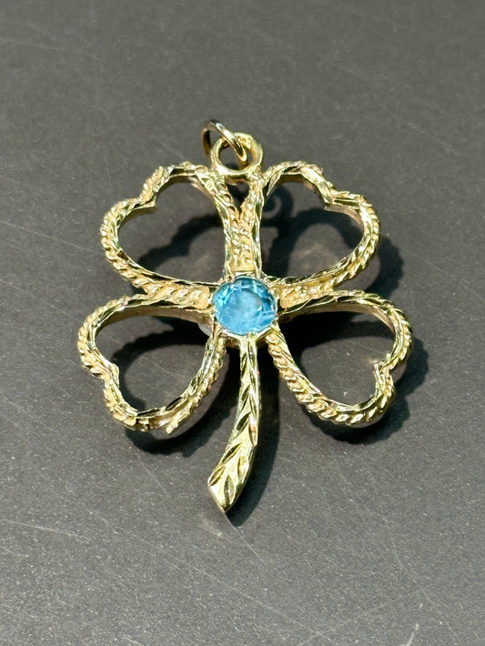 Vintage Large 14K Gold Topaz Flour Leaf Clover Charm Pendant