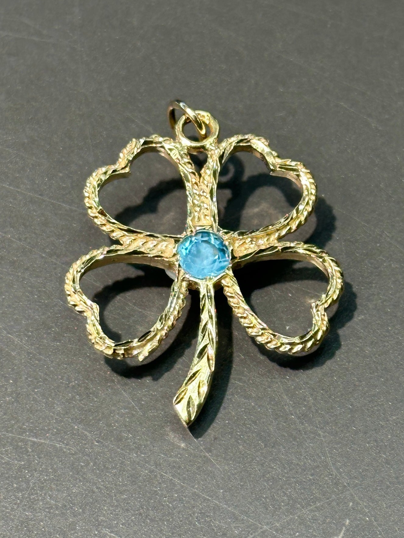 Vintage XL 14K Gold Topaz Flour Leaf Clover Charm