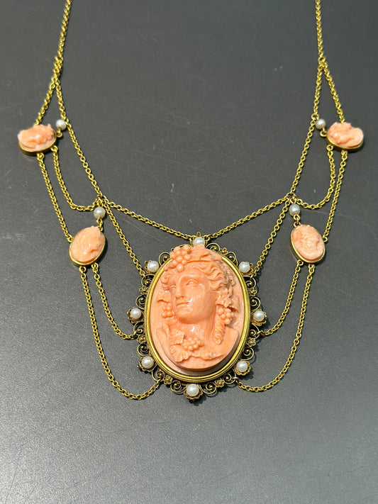 Antique 14K Gold Coral Cameo and Pearl Lavaliere Necklace